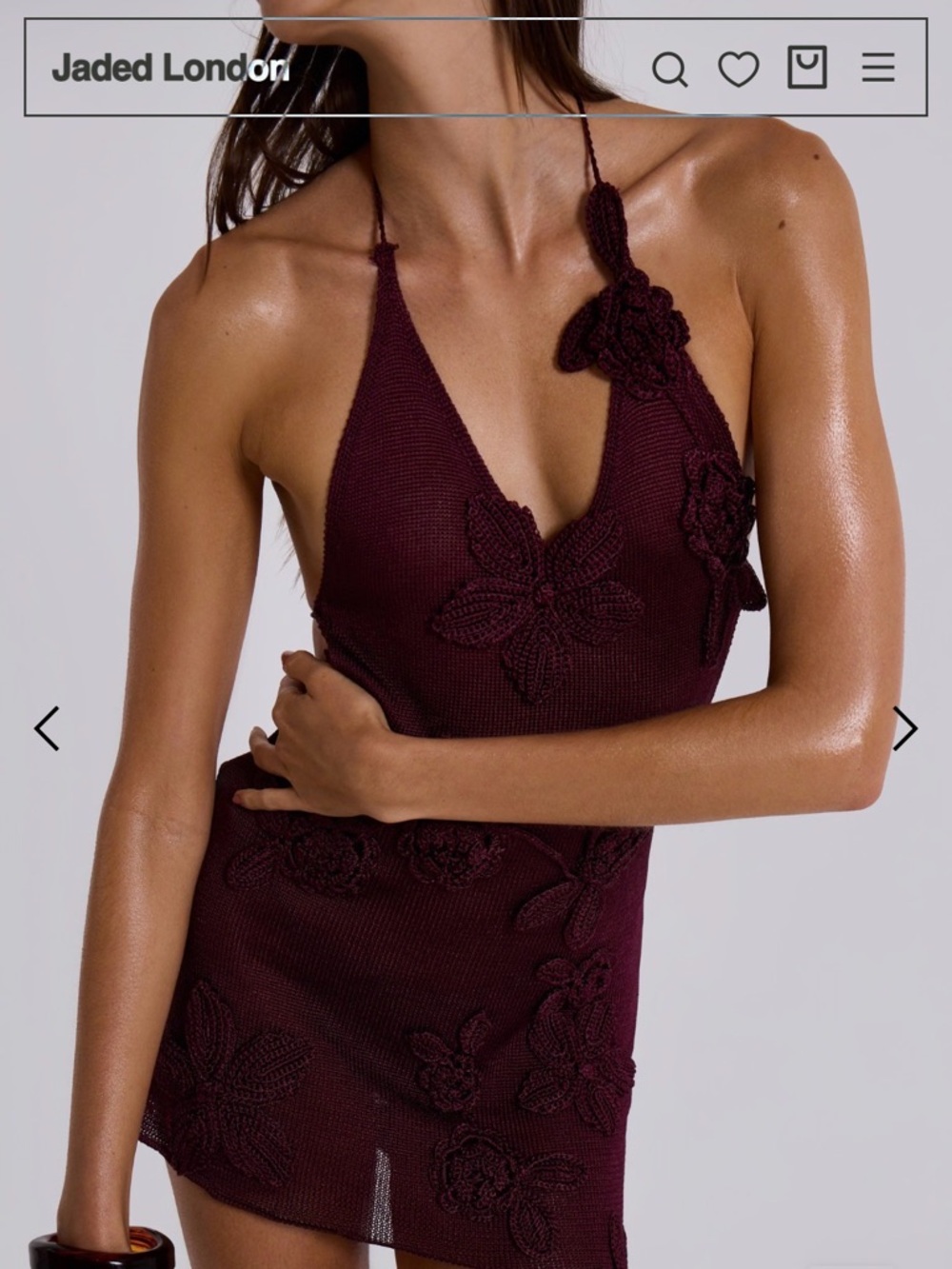 Jaded London Burgundy Crochet Halter Mini Dress with Floral Appliqué